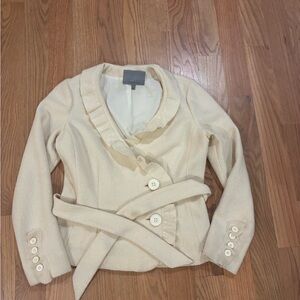 Vintage Classique Entier Cream Ruffled Button-Up Blazer Merino Wool